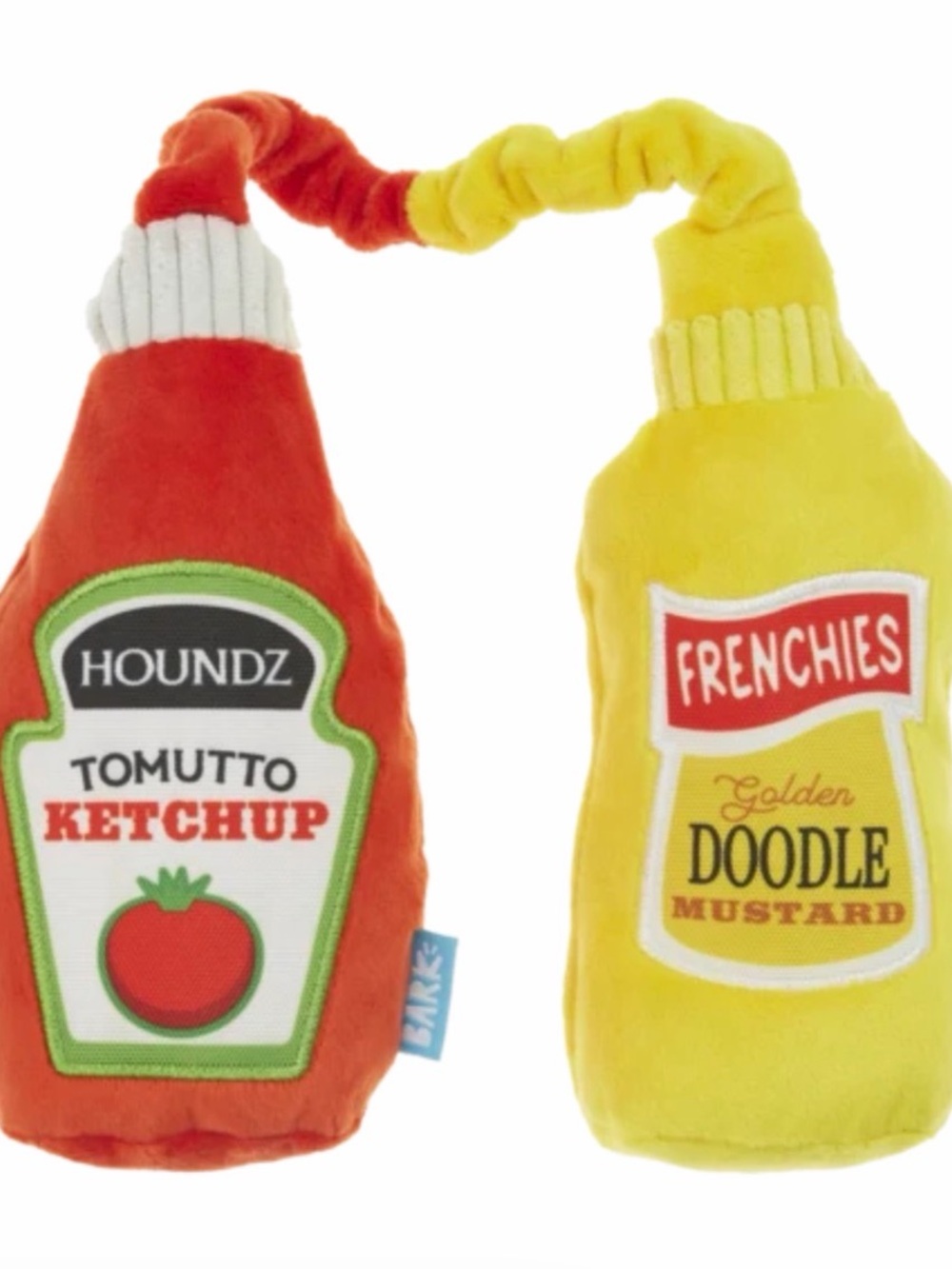 BARK Pass the Condimutts Ketchup Mustard Tug Dog Toy Squeaky Stretch NWT
